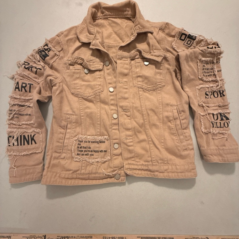 Men’s Yellow Denim Jacket Slogan Letter Print Cotton Streetwear Size Small